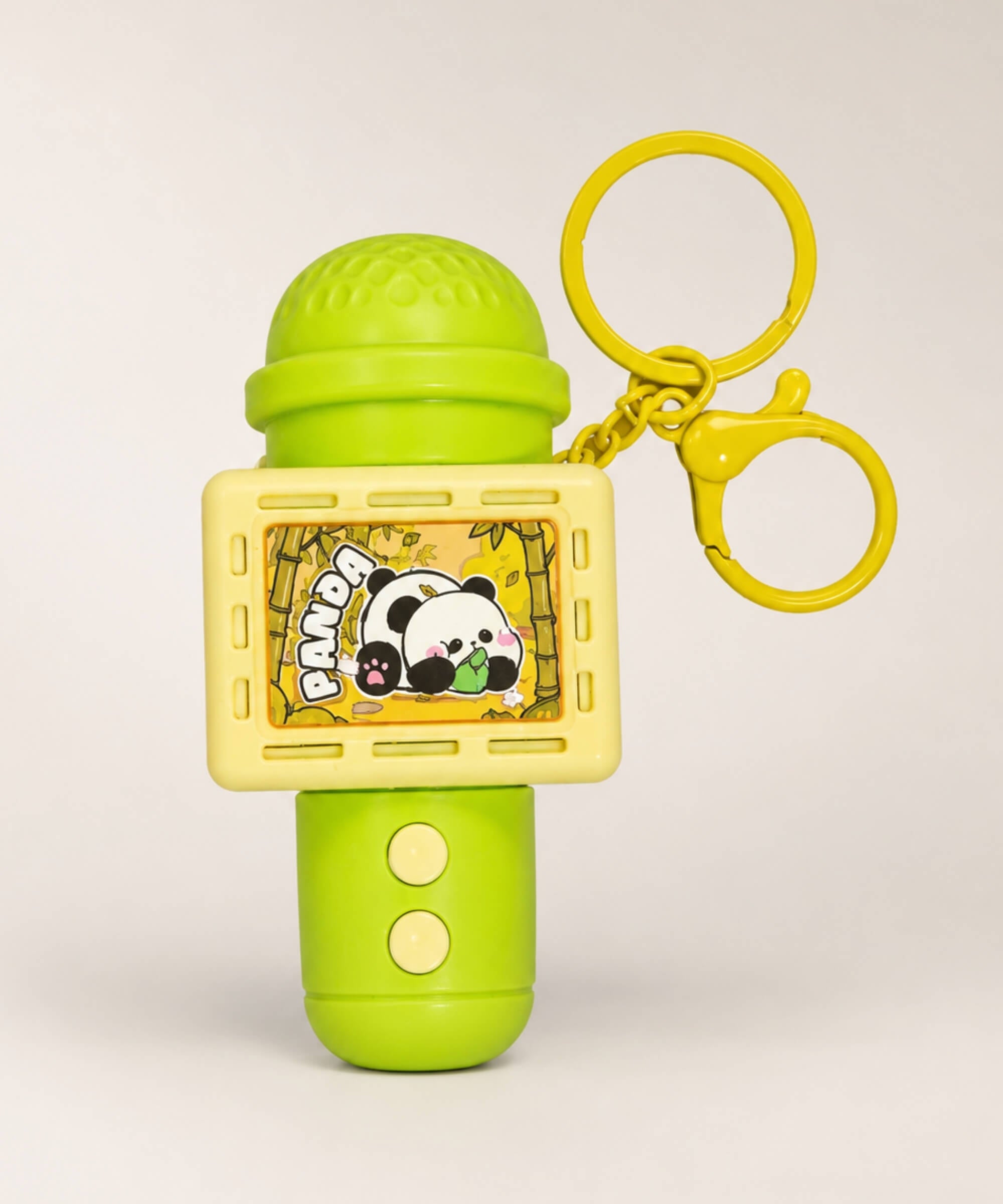 Panda microphone sound recorder keychain with green microphone design and yellow hardware